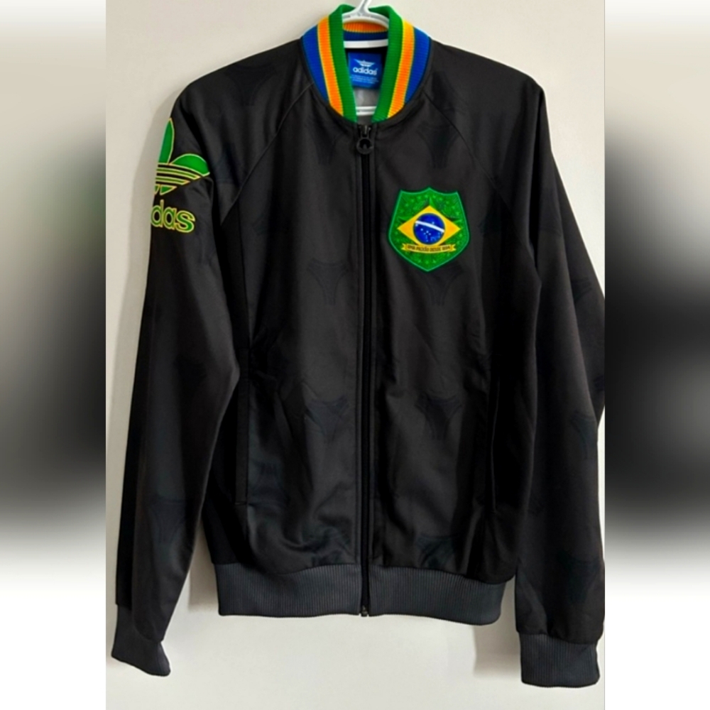Black Bomber Jacket with Brazilian Flag and Stand-Up Collar